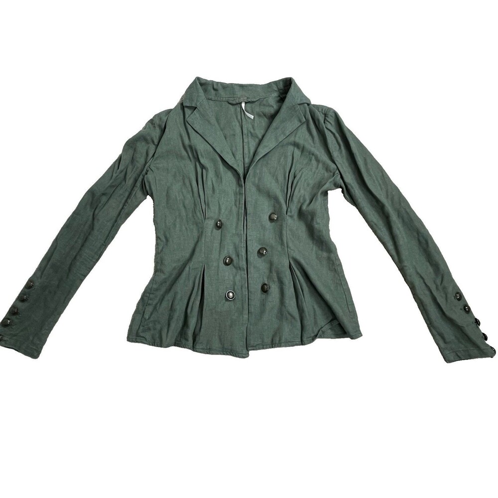 Free People Jacket Womens XS Linen Blend Olive Military Blazer Double Breasted